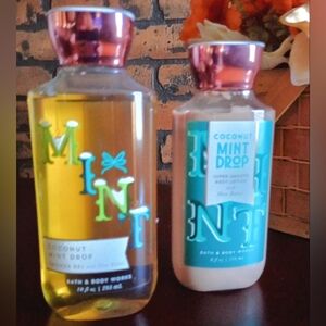 Bath and Body Coconut Mint Drop Shower Gel 10oz and Body Lotion 8oz.